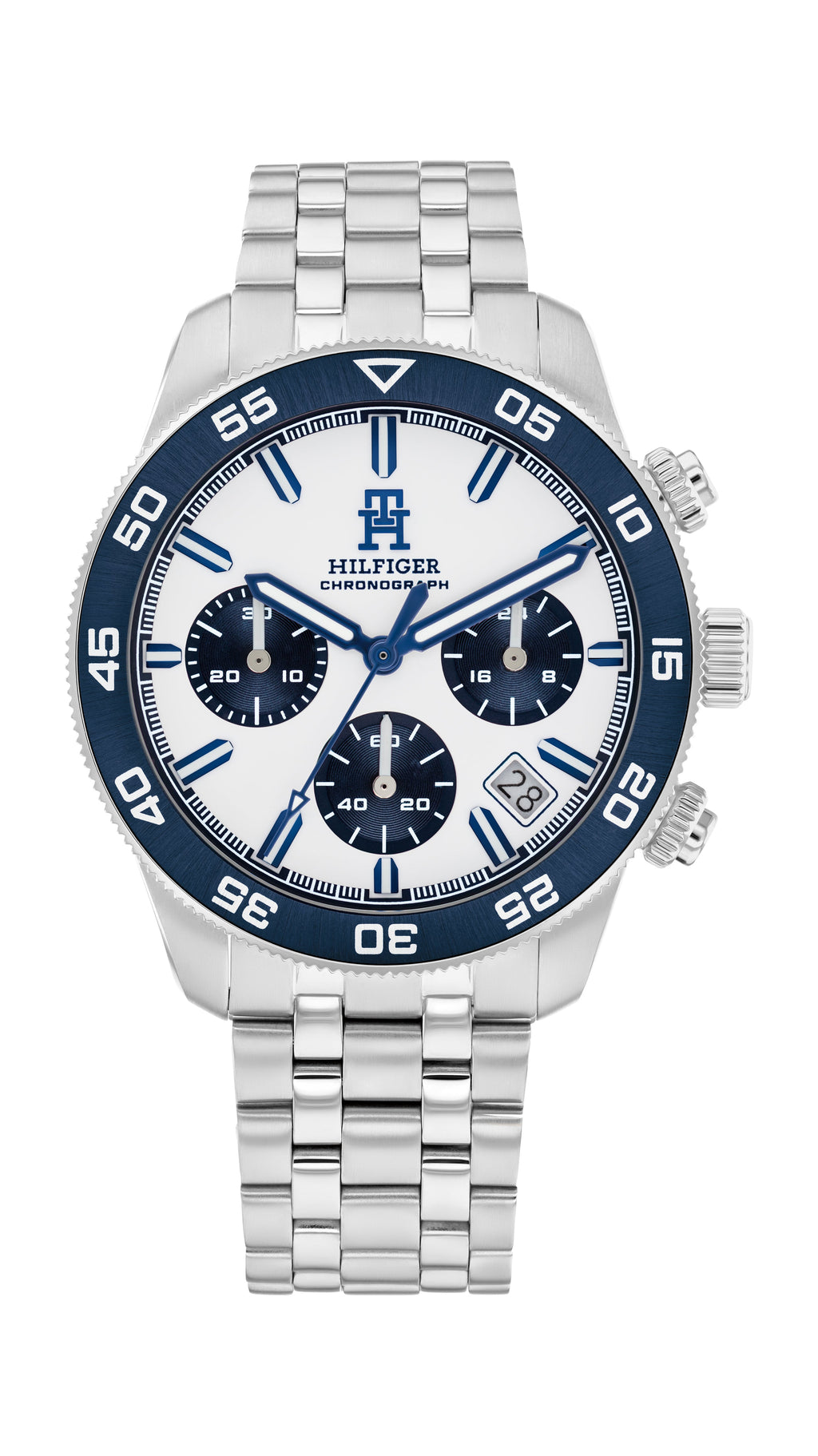 Tommy Hilfiger chronograph watch displaying precise timekeeping & sophisticated design, "HILFIGER CHRONOGRAPH" detail on the