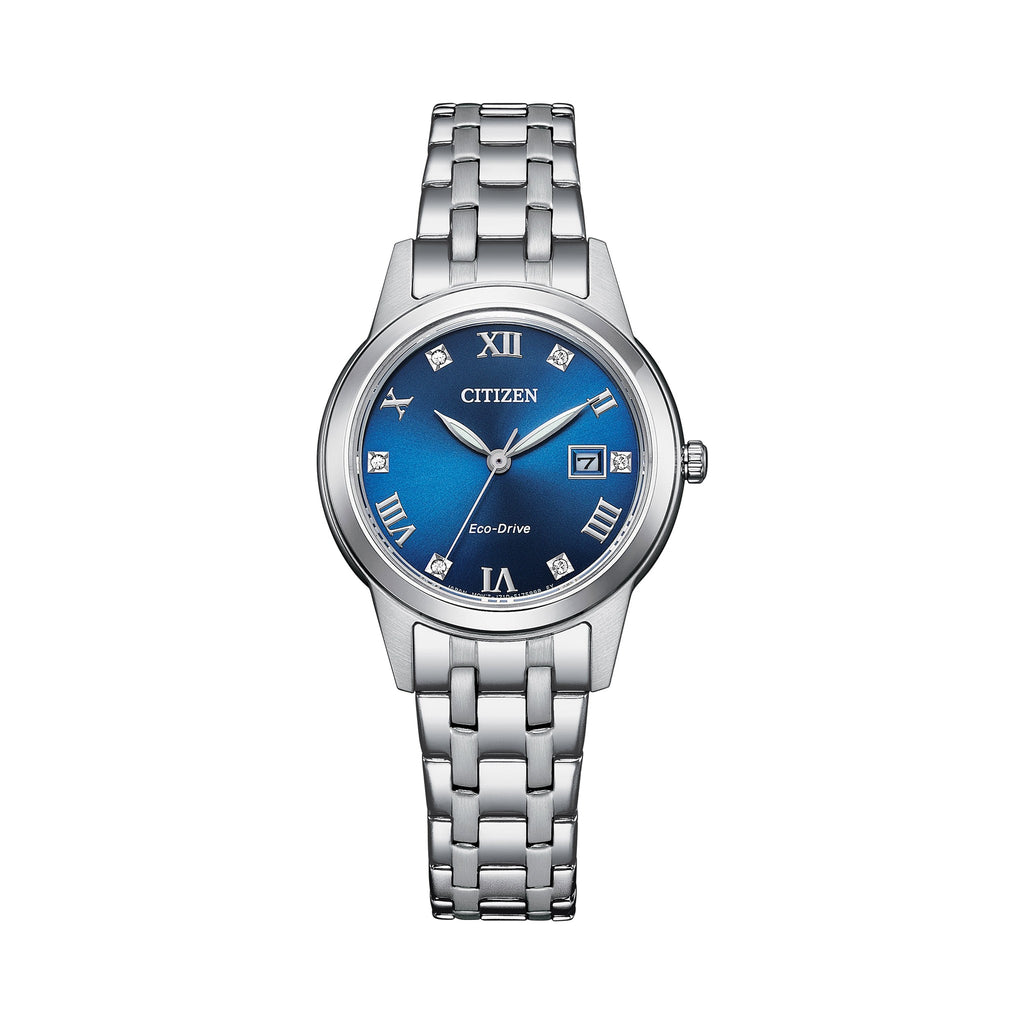 Close-up of the Citizen Ladies Eco-Drive watch showcasing its blue dial, diamond hour markers, & stainless steel bracelet.