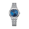 Close-up of the Citizen Ladies Eco-Drive watch showcasing its blue dial, diamond hour markers, & stainless steel bracelet.