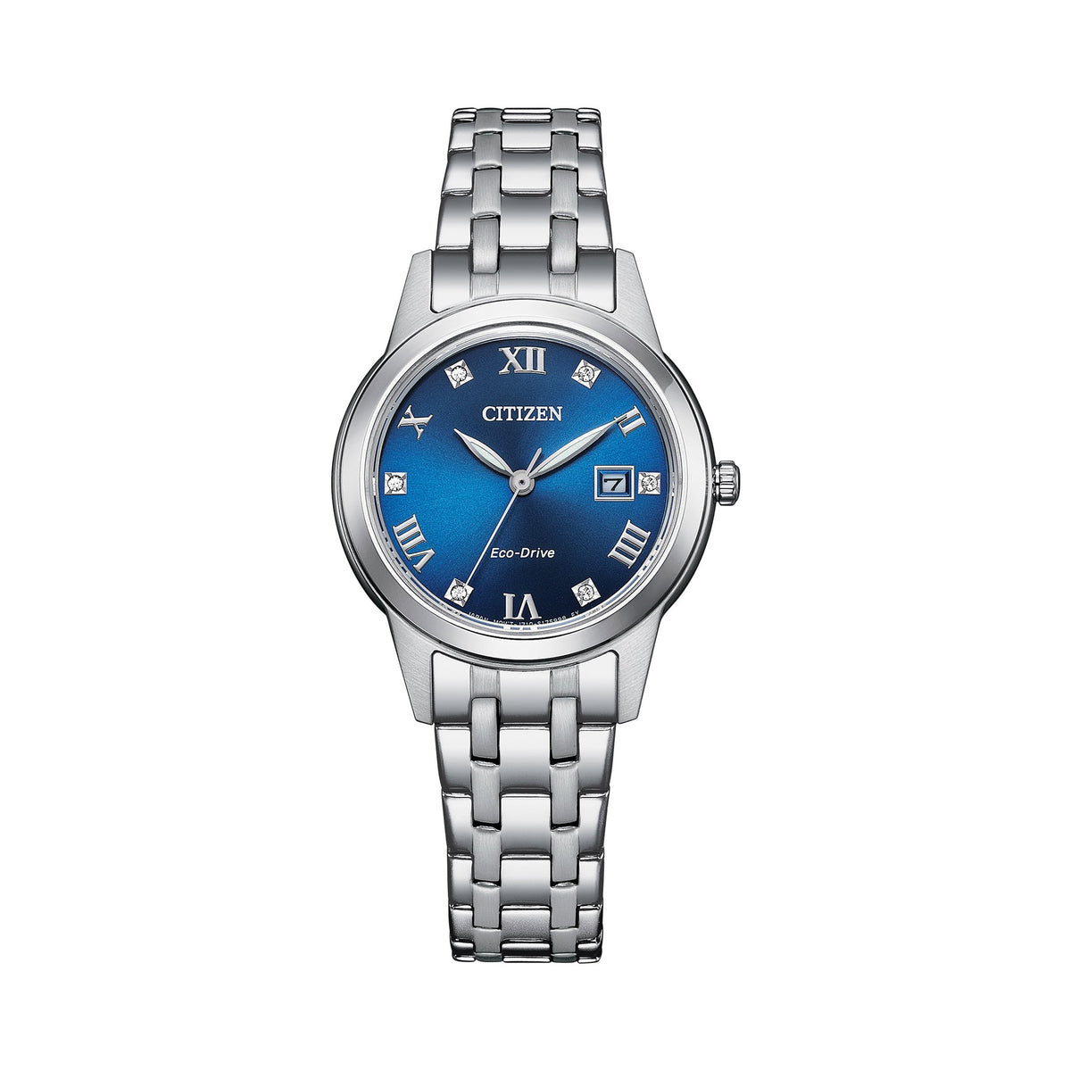 Close-up of the Citizen Ladies Eco-Drive watch showcasing its blue dial, diamond hour markers, & stainless steel bracelet.