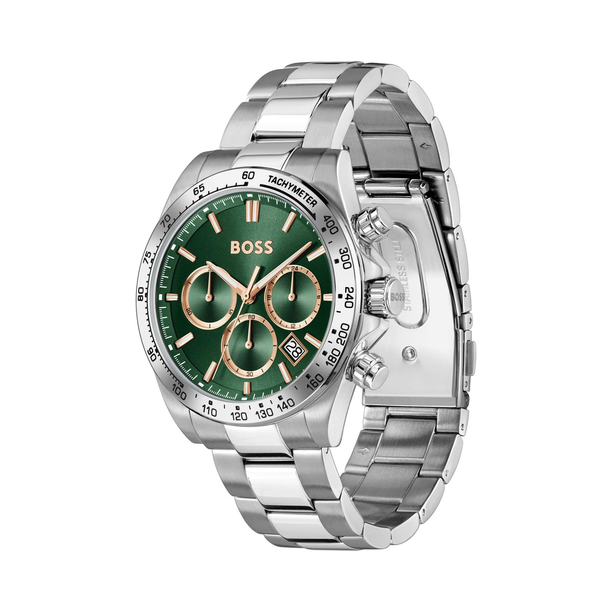 Silver Hugo Boss chronograph watch with a green face.