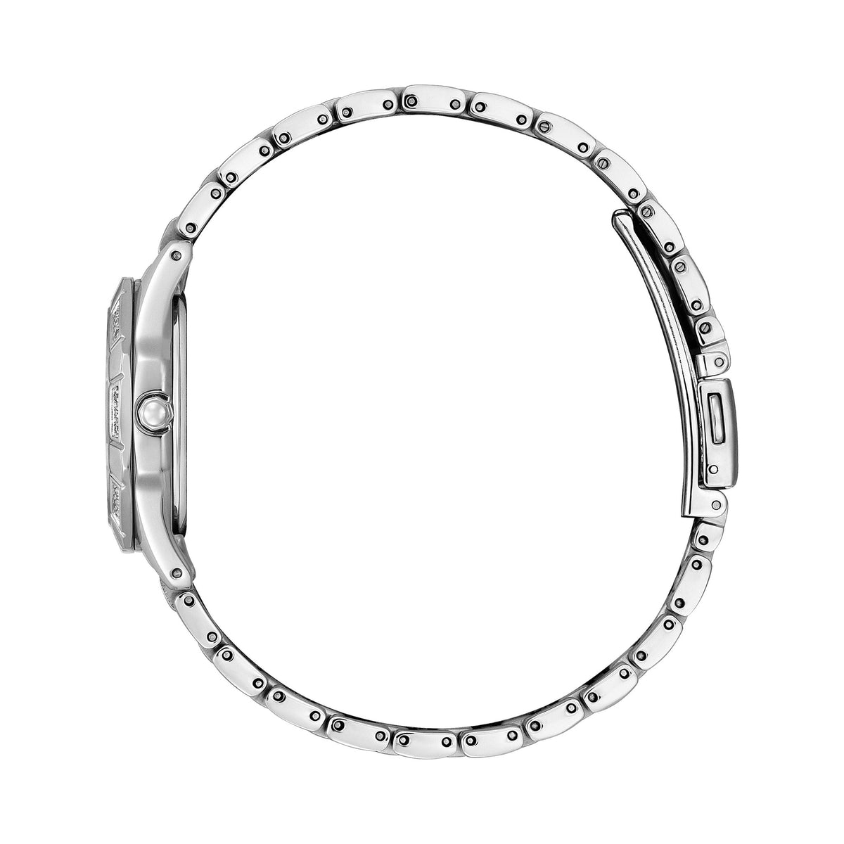 Side view of Citizen Eco Drive watch showing mother-of-pearl dial, diamond bezel, and stainless steel bracelet.