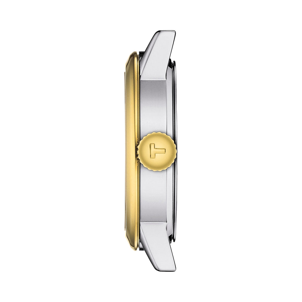 Close-up side view of the Tissot Classic Dream Lady watch showcasing its stainless steel and gold-plated design.
