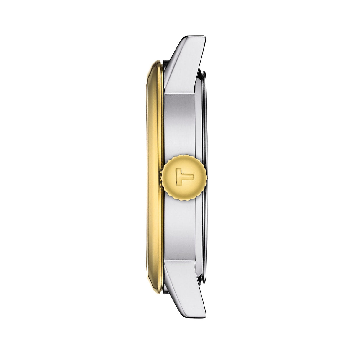 Close-up side view of the Tissot Classic Dream Lady watch showcasing its stainless steel and gold-plated design.