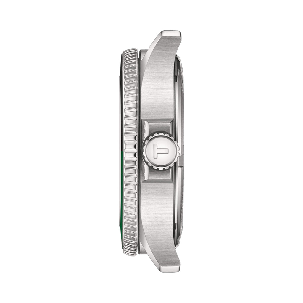 Side view of Tissot Seastar 1000 GMT watch showcasing stainless steel case, bracelet attachment, and prominent crown.