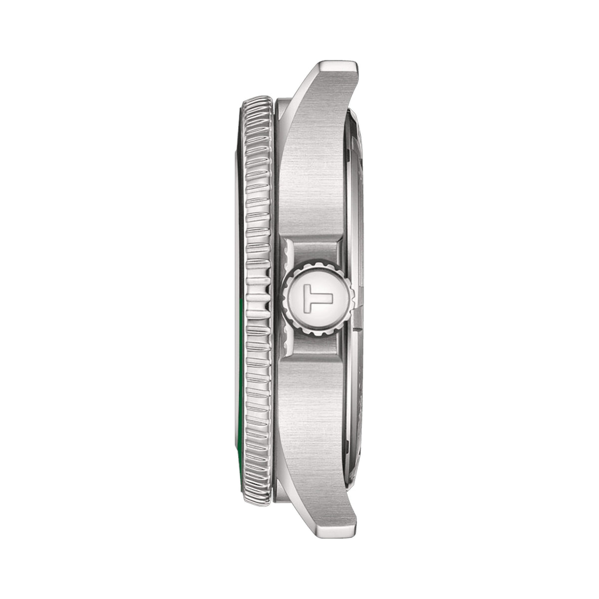 Side view of Tissot Seastar 1000 GMT watch showcasing stainless steel case, bracelet attachment, and prominent crown.