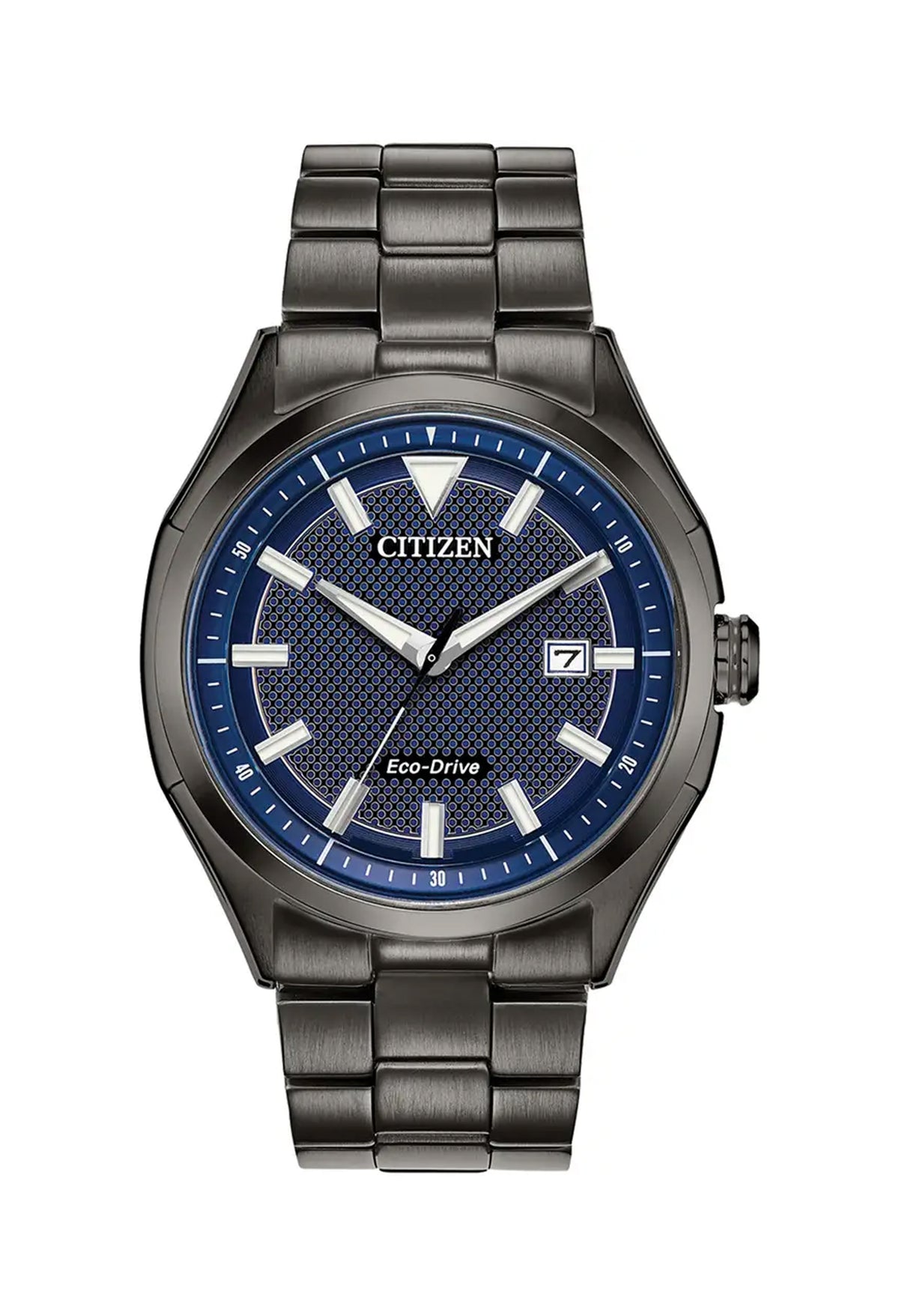 Citizen Eco-Drive watch displaying date; men's wrist watch with blue patterned dial and metal bracelet.