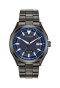 Citizen Eco-Drive watch displaying date; men's wrist watch with blue patterned dial and metal bracelet.