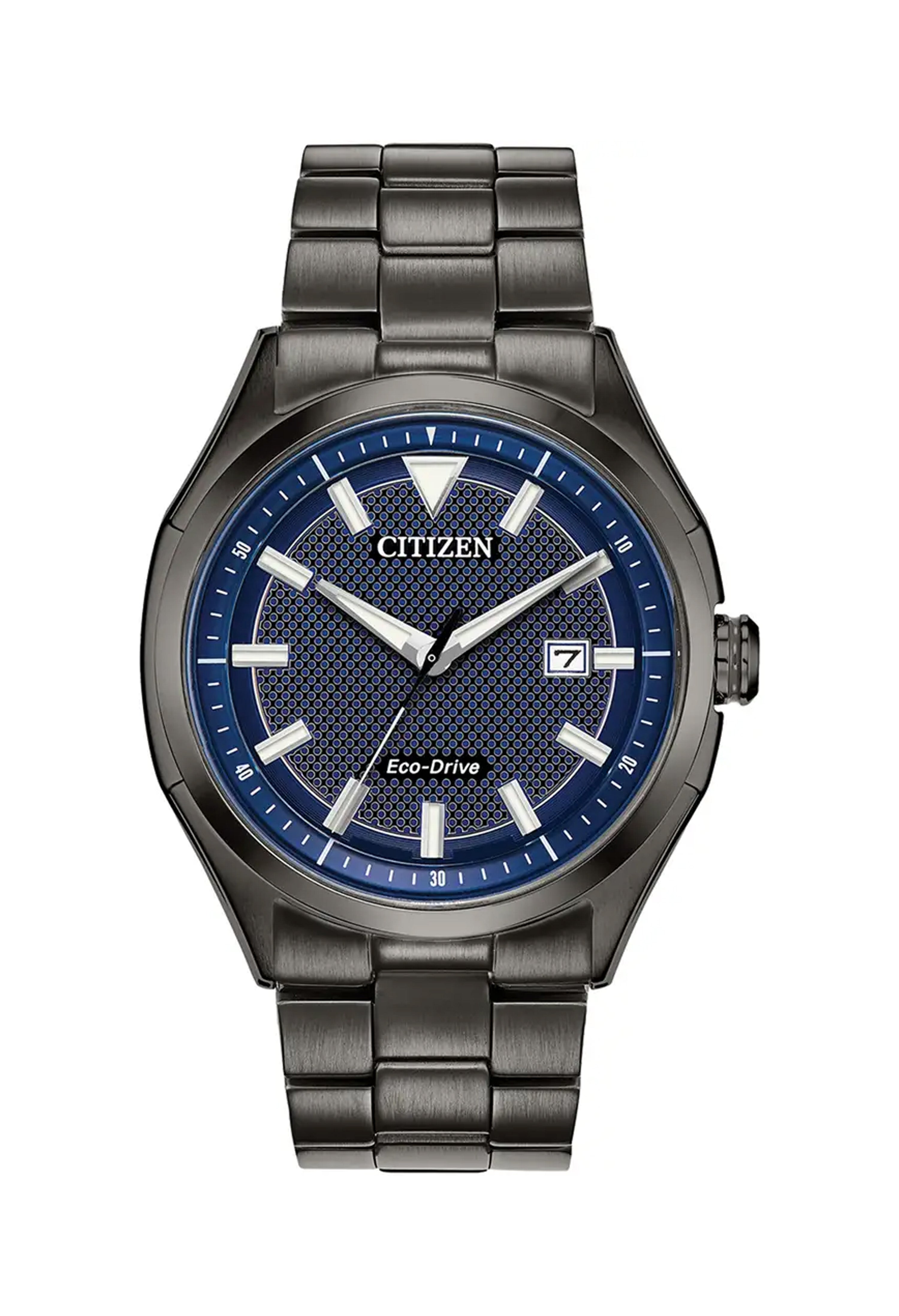 Citizen Eco-Drive watch displaying date; men's wrist watch with blue patterned dial and metal bracelet.