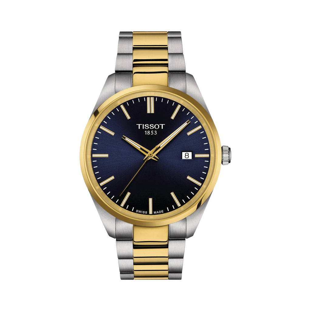 Tissot PR100 watch showcasing the blue dial, gold bezel, & two-tone stainless steel bracelet. Timeless Swiss design.