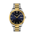 Tissot PR100 watch showcasing the blue dial, gold bezel, & two-tone stainless steel bracelet. Timeless Swiss design.