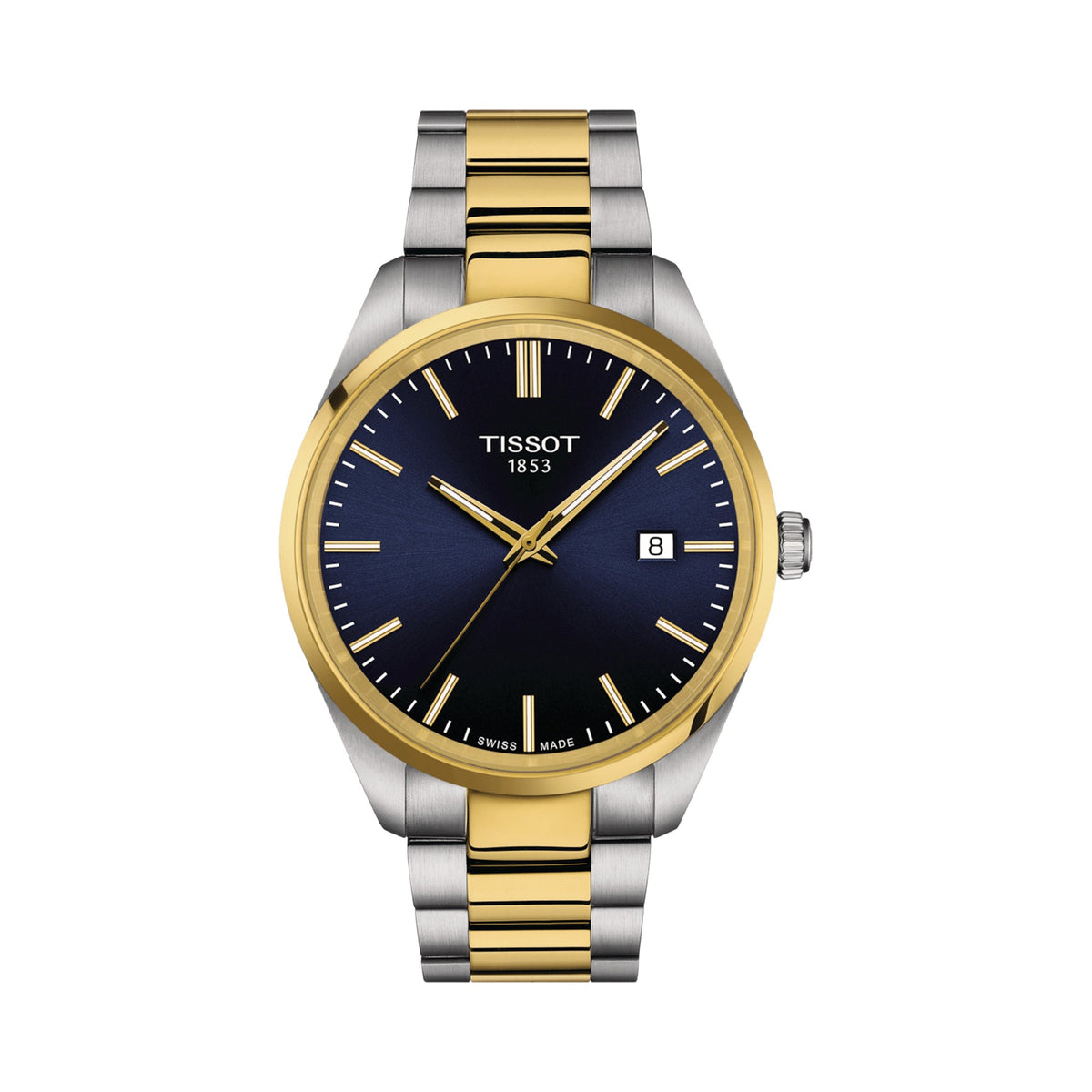 Tissot PR100 watch showcasing the blue dial, gold bezel, & two-tone stainless steel bracelet. Timeless Swiss design.