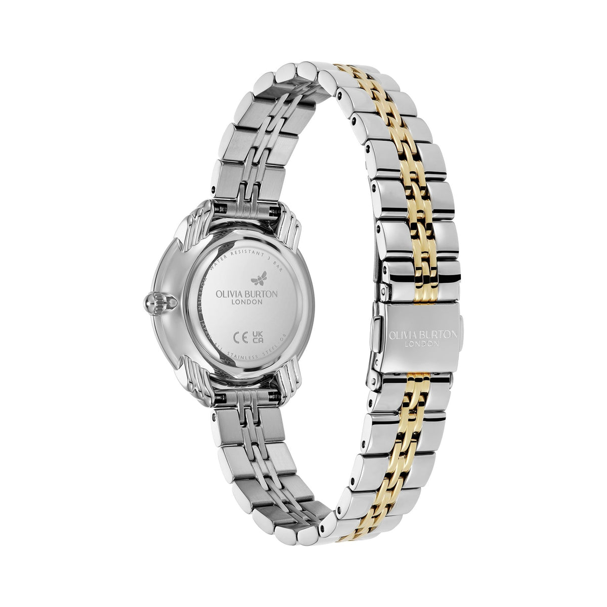 Silver and gold Olivia Burton watch with linked metal bracelet.