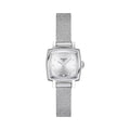 Close-up of the Tissot Ladies Lovely watch showcasing its silver square dial, crystal markers, and elegant mesh bracelet.