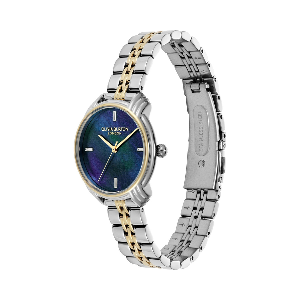 Olivia Burton watch with a silver and gold band.