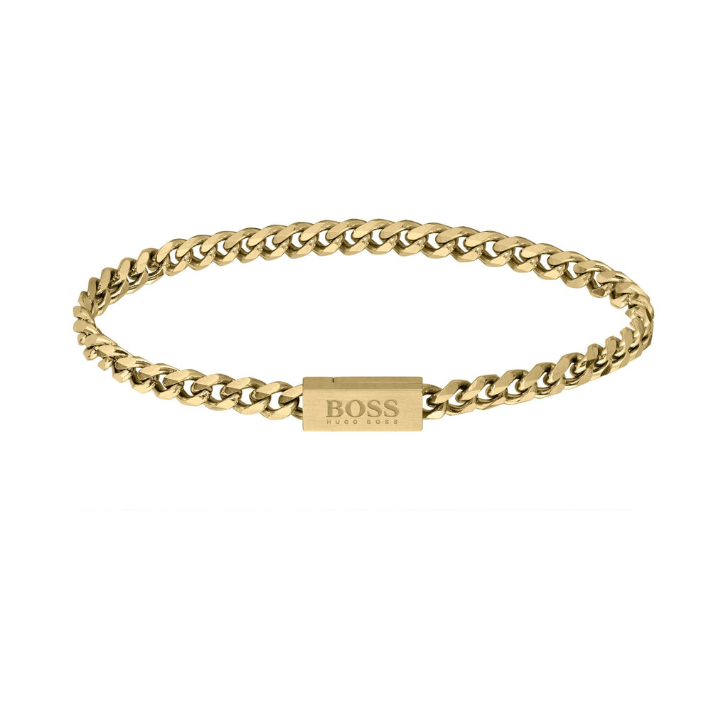 BOSS gold-plated chain bracelet. Men's jewelry featuring interlocking links and Hugo Boss logo clasp detail.