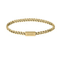 BOSS gold-plated chain bracelet. Men's jewelry featuring interlocking links and Hugo Boss logo clasp detail.