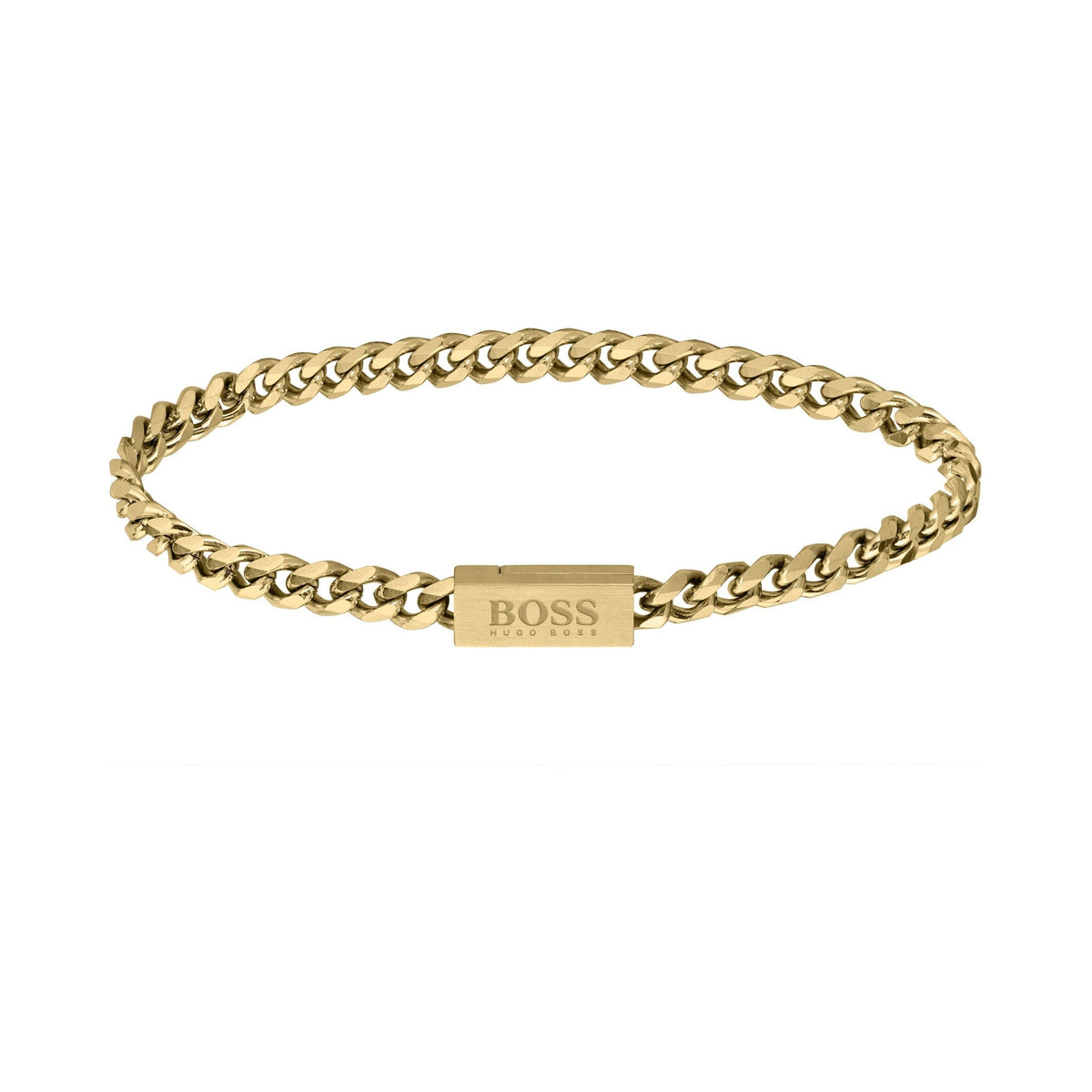 BOSS gold-plated chain bracelet. Men's jewelry featuring interlocking links and Hugo Boss logo clasp detail.