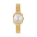 Tissot ladies watch showcasing the Lovely collection, highlighting the silver square dial and gold mesh bracelet design.