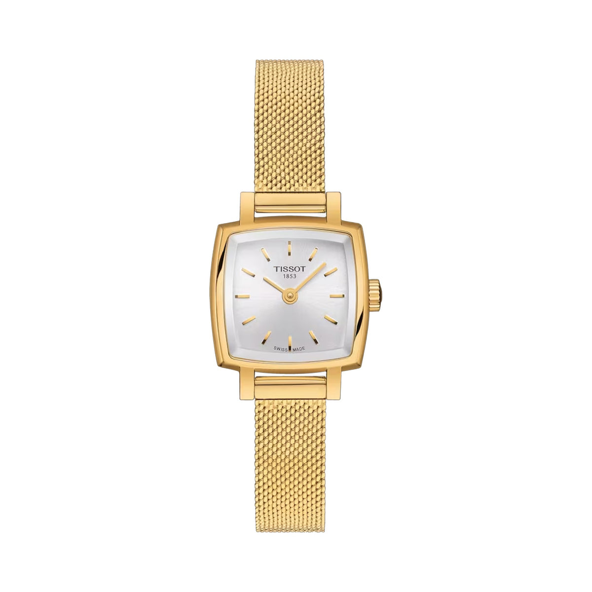 Tissot ladies watch showcasing the Lovely collection, highlighting the silver square dial and gold mesh bracelet design.