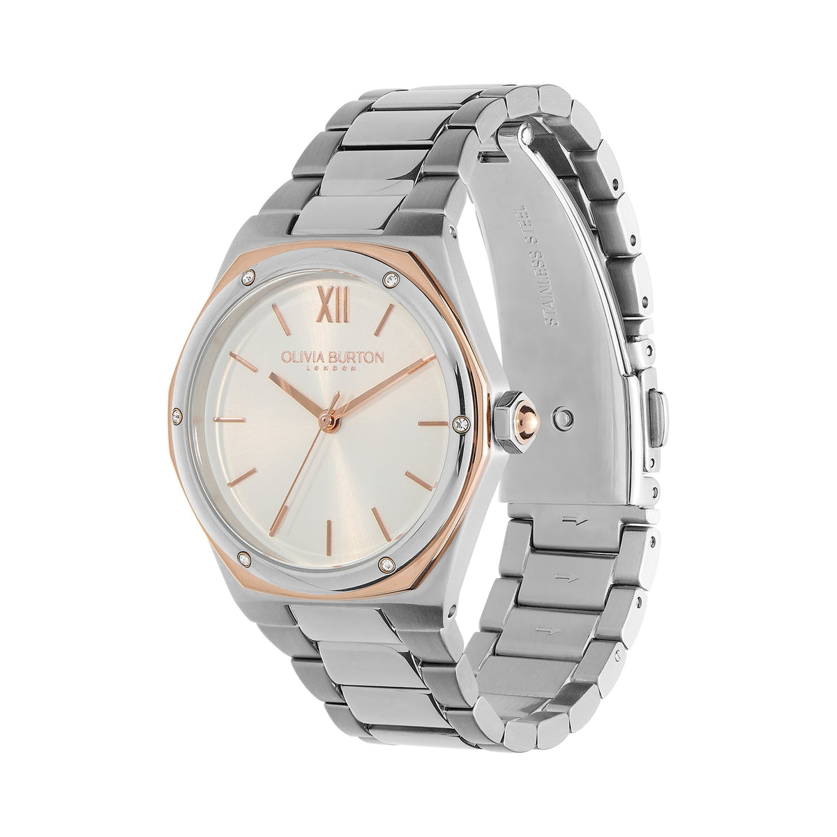 Close-up of the Olivia Burton Sports Luxe Hexa Two Tone Watch, showcasing bracelet and dial details.