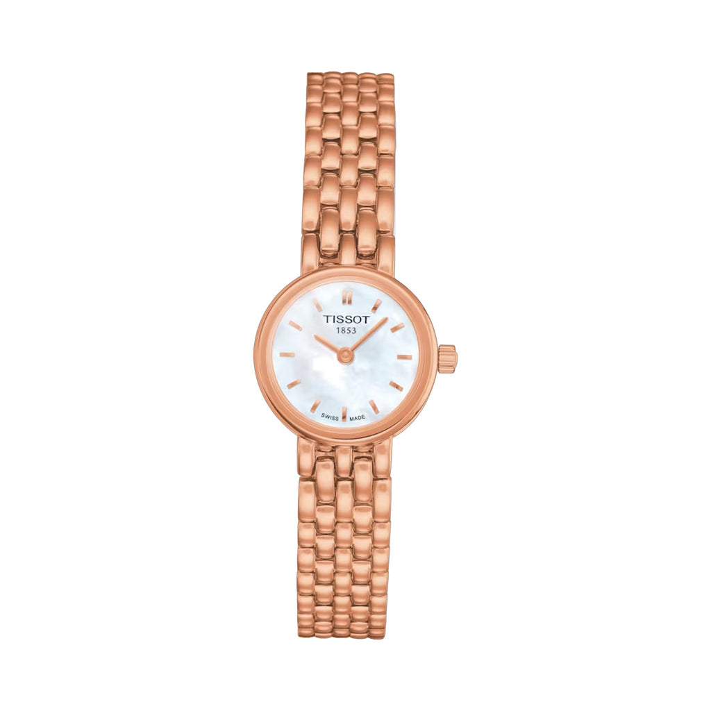 Rose gold plated Tissot watch showcasing the mother of pearl dial and bracelet. "Tissot 1853" & "Swiss Made" visible on the