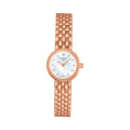 Rose gold plated Tissot watch showcasing the mother of pearl dial and bracelet. "Tissot 1853" & "Swiss Made" visible on the