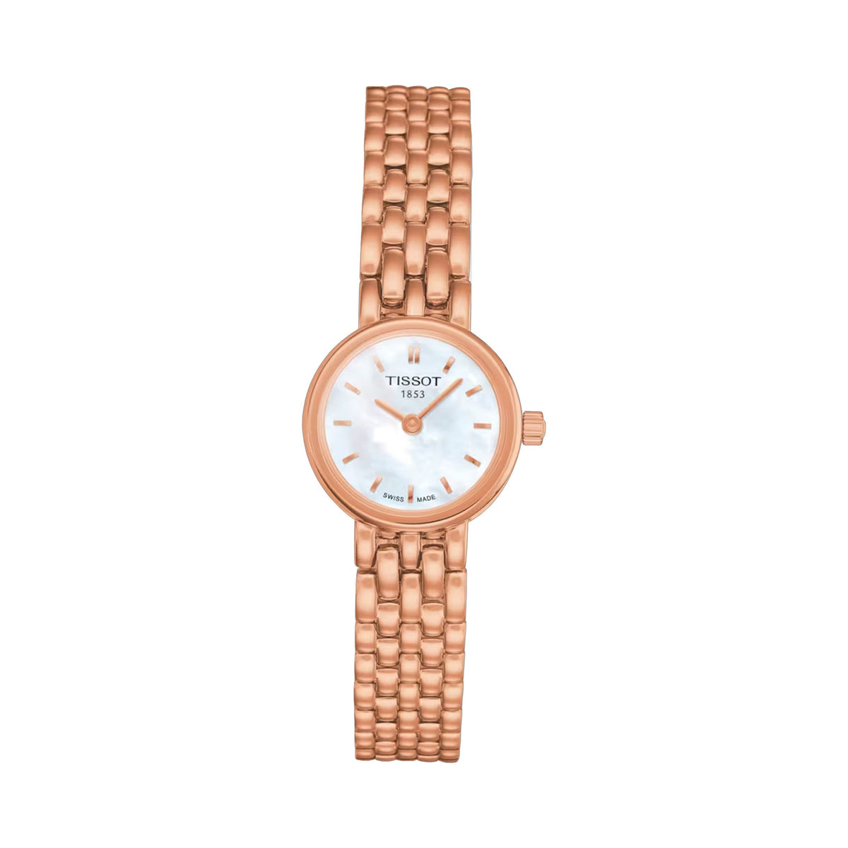 Rose gold plated Tissot watch showcasing the mother of pearl dial and bracelet. "Tissot 1853" & "Swiss Made" visible on the