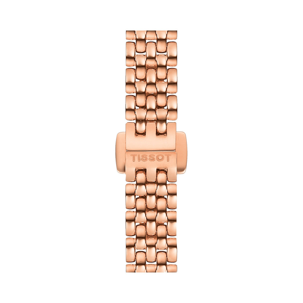 Close-up of the Tissot rose gold plated bracelet watch band showing the Tissot-branded clasp closure mechanism.