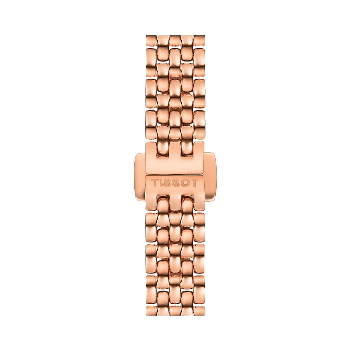Close-up of the Tissot rose gold plated bracelet watch band showing the Tissot-branded clasp closure mechanism.