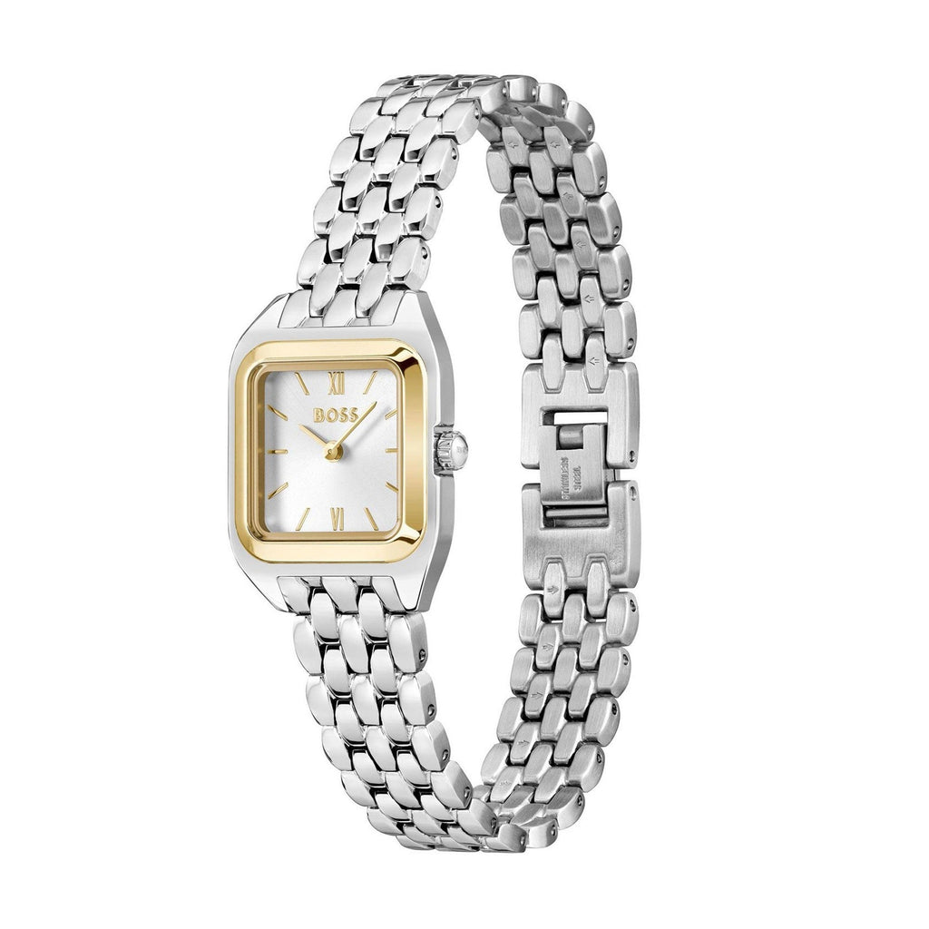 Silver and gold BOSS brand women's watch with a chain band.