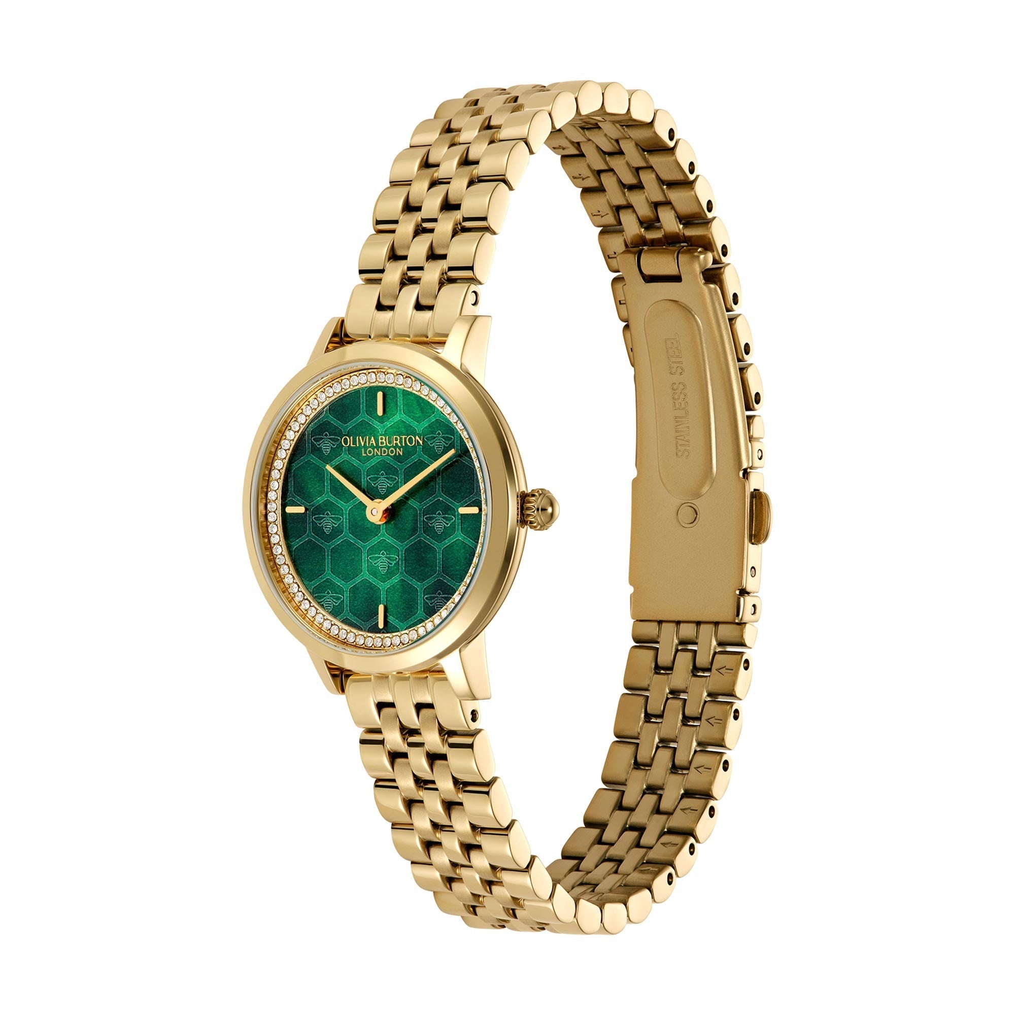 The Ladies Olivia Burton Honeycomb Ultra Forest Green Dial Bracelet Watch Gold Plated, a forest green dial bracelet watch from Olivia Burton, available at OD’s Jewellers in St Helens
