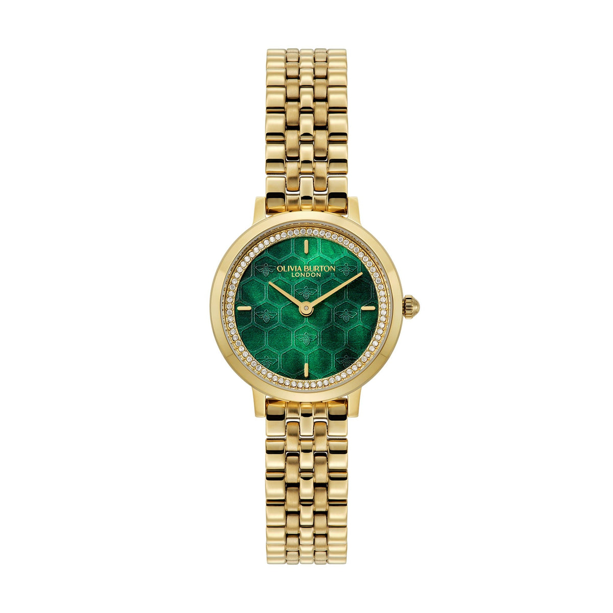 The Ladies Olivia Burton Honeycomb Ultra Forest Green Dial Bracelet Watch, gold plated bracelet, from Olivia Burton, at OD’s Jewellers in St Helens.