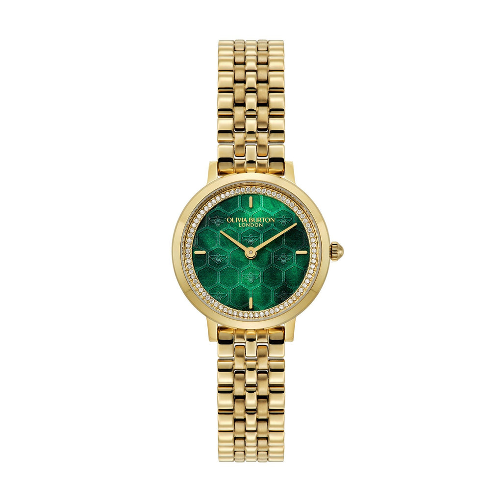 The Ladies Olivia Burton Honeycomb Ultra Forest Green Dial Bracelet Watch, gold plated bracelet, from Olivia Burton, at OD’s Jewellers in St Helens.