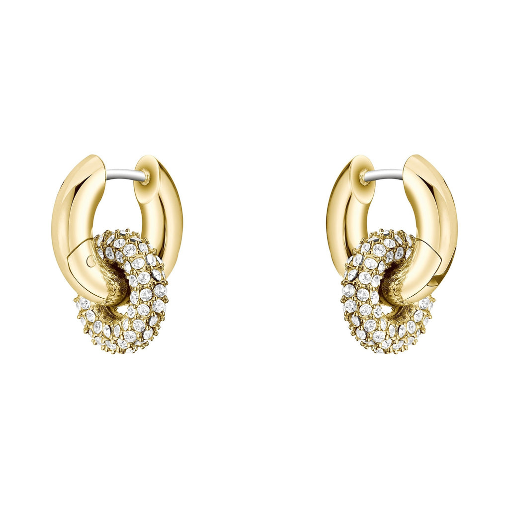 Two gold earrings with sparkling crystal-covered hoops.
