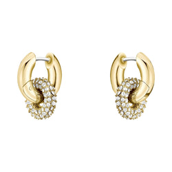 Two gold earrings with sparkling crystal-covered hoops.
