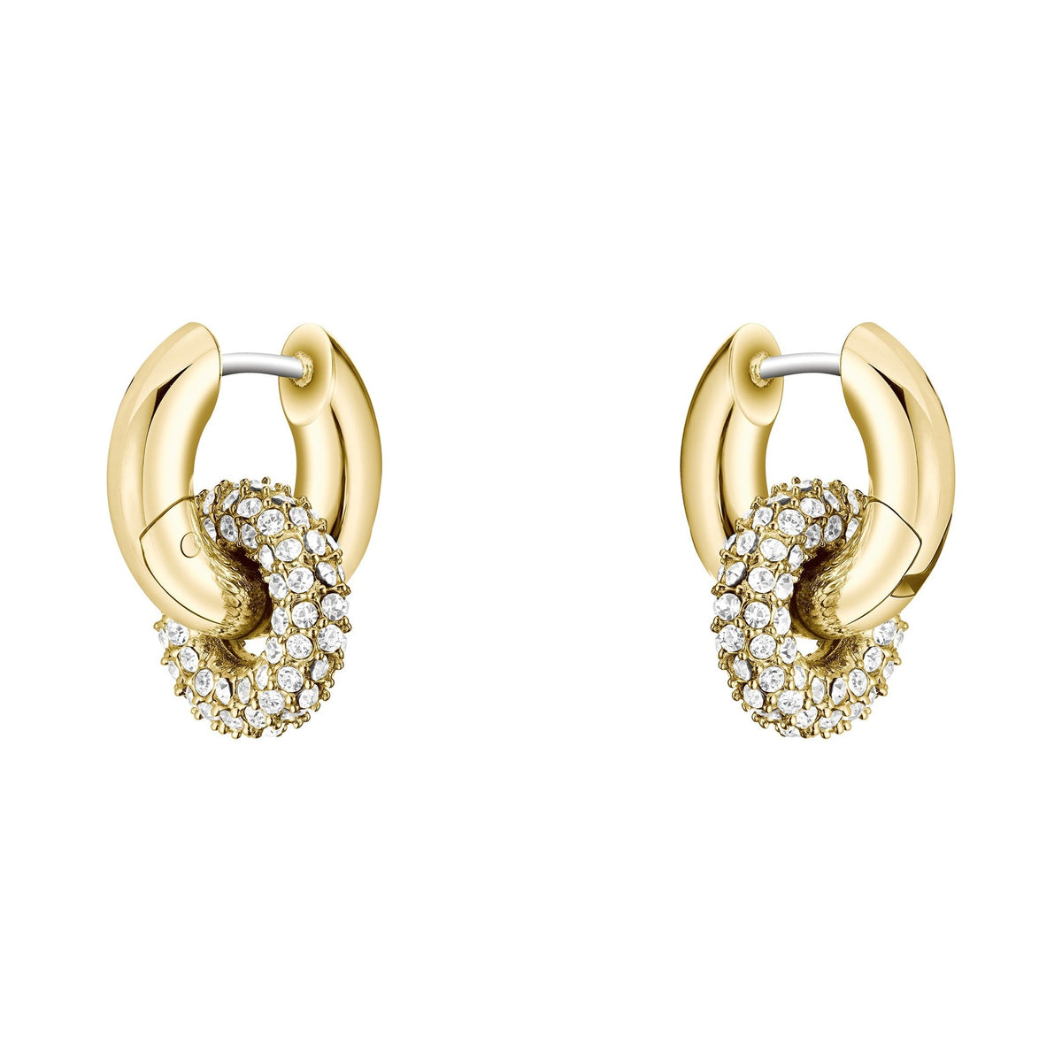 Two gold earrings with sparkling crystal-covered hoops.
