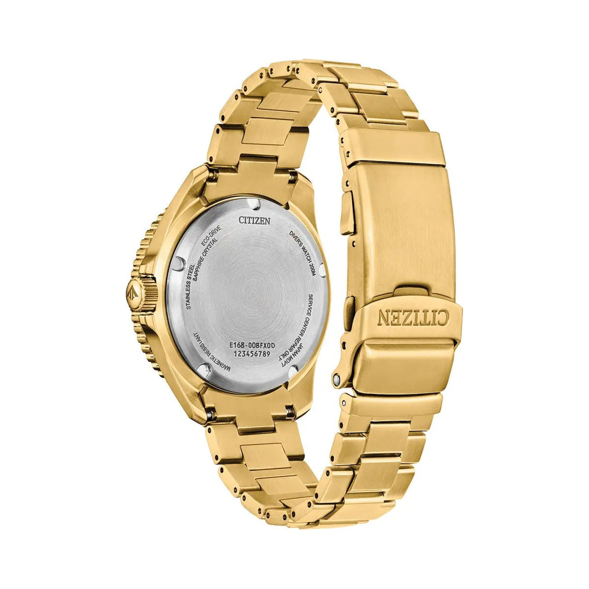 Gold-tone Citizen dive watch with a stainless steel case and bracelet, featuring a silver-tone case back.