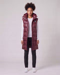 Women's Sandbanks Shell Bay Hooded Long Gilet in Port — on model