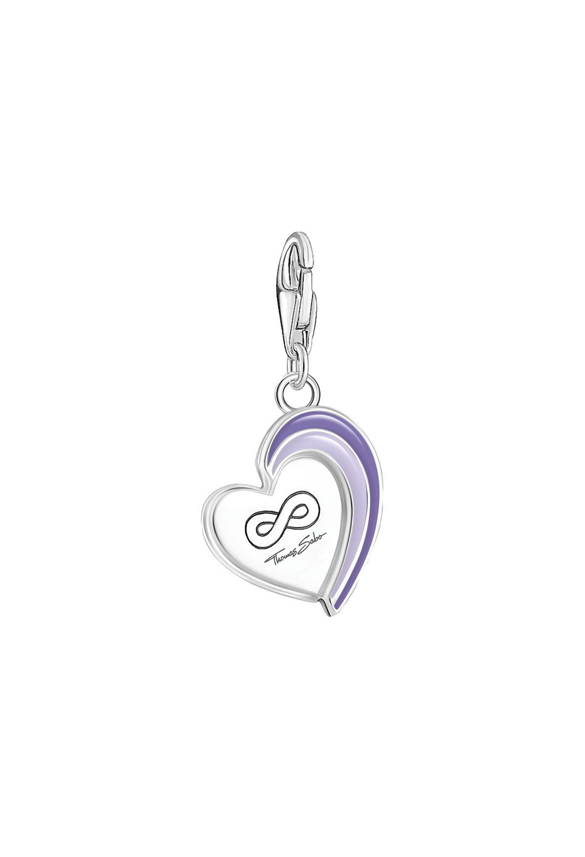 Silver Thomas Sabo best friends charm with violet enamel. Heart-shaped pendant with infinity symbol.