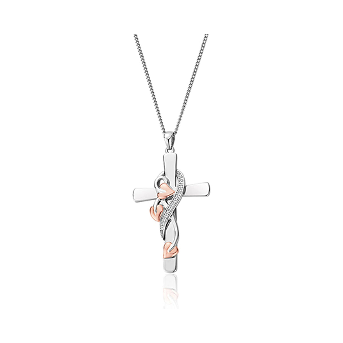 Clogau Vine Cross Pendant with Tree of Life design, featuring white topaz gems. Elegant jewelry.