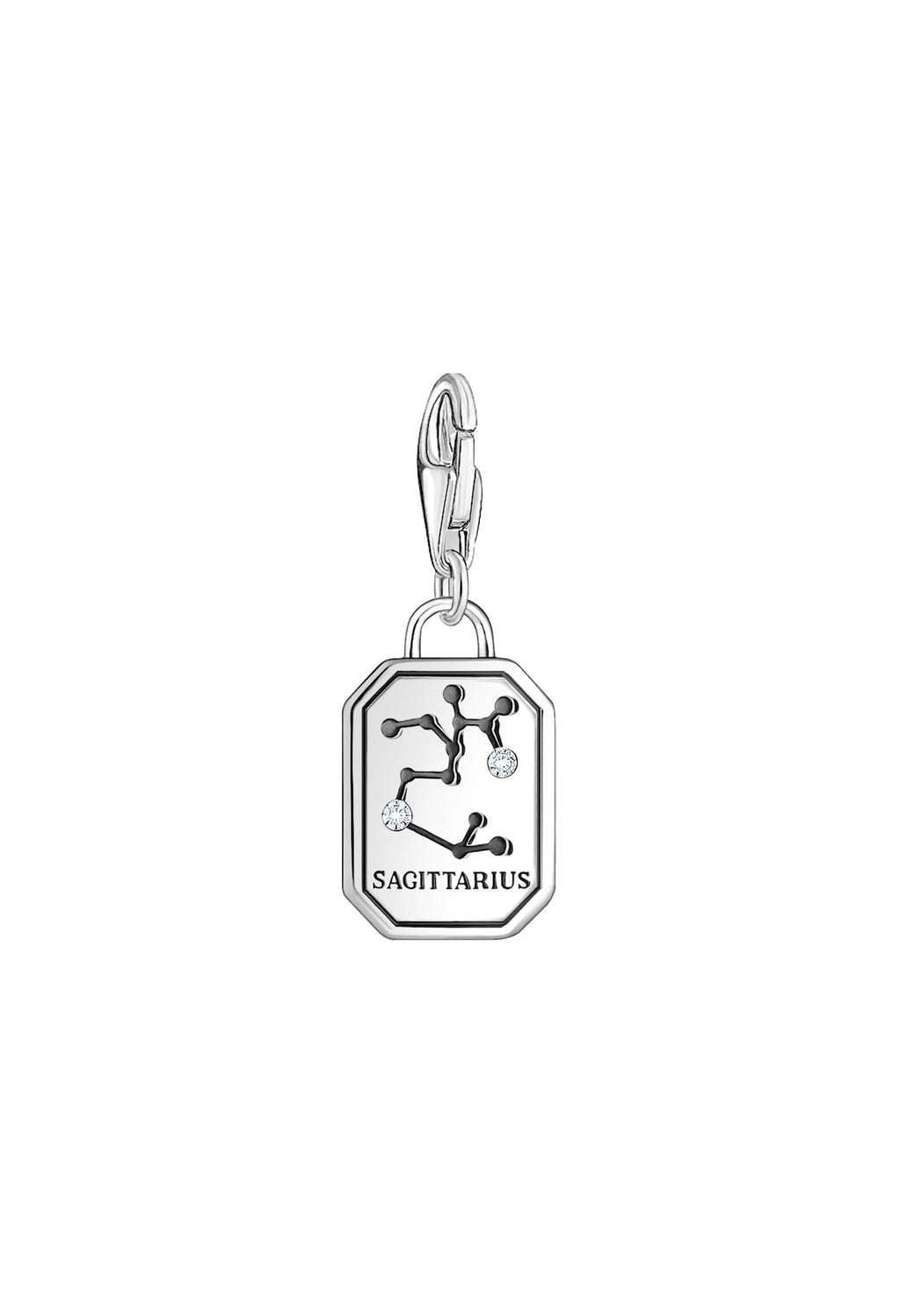 Sterling silver Sagittarius zodiac charm. Detailed constellation design with sparkling stone accents & 'SAGITTARIUS'