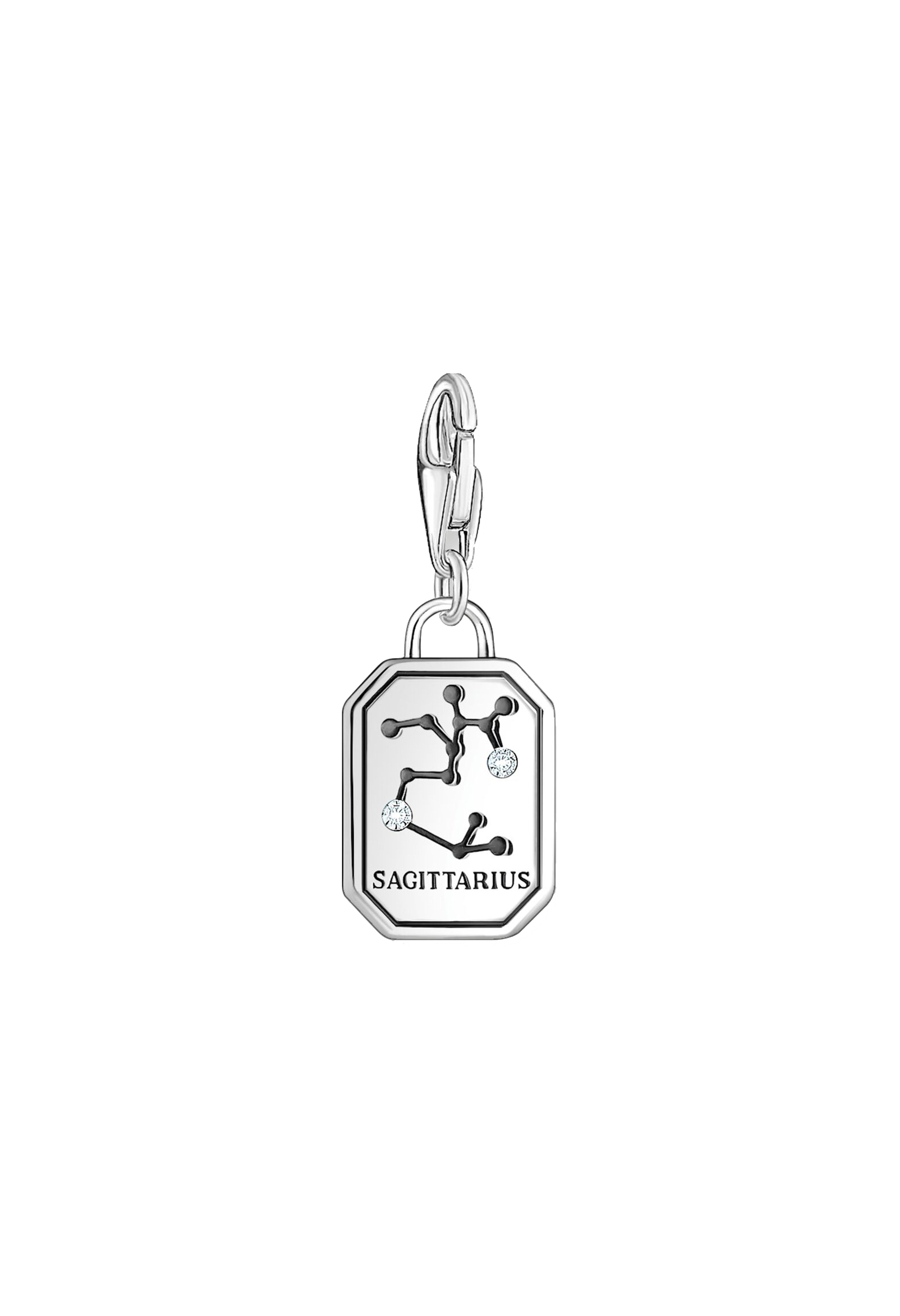 Sterling silver Sagittarius zodiac charm. Detailed constellation design with sparkling stone accents & 'SAGITTARIUS'