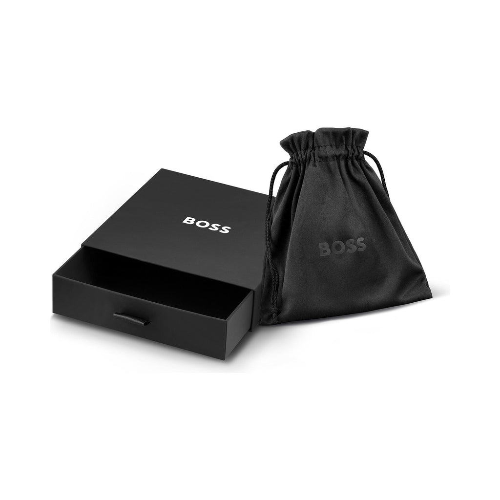 BOSS stainless steel necklace in presentation box with dust bag. Jewelry product shot for online store.