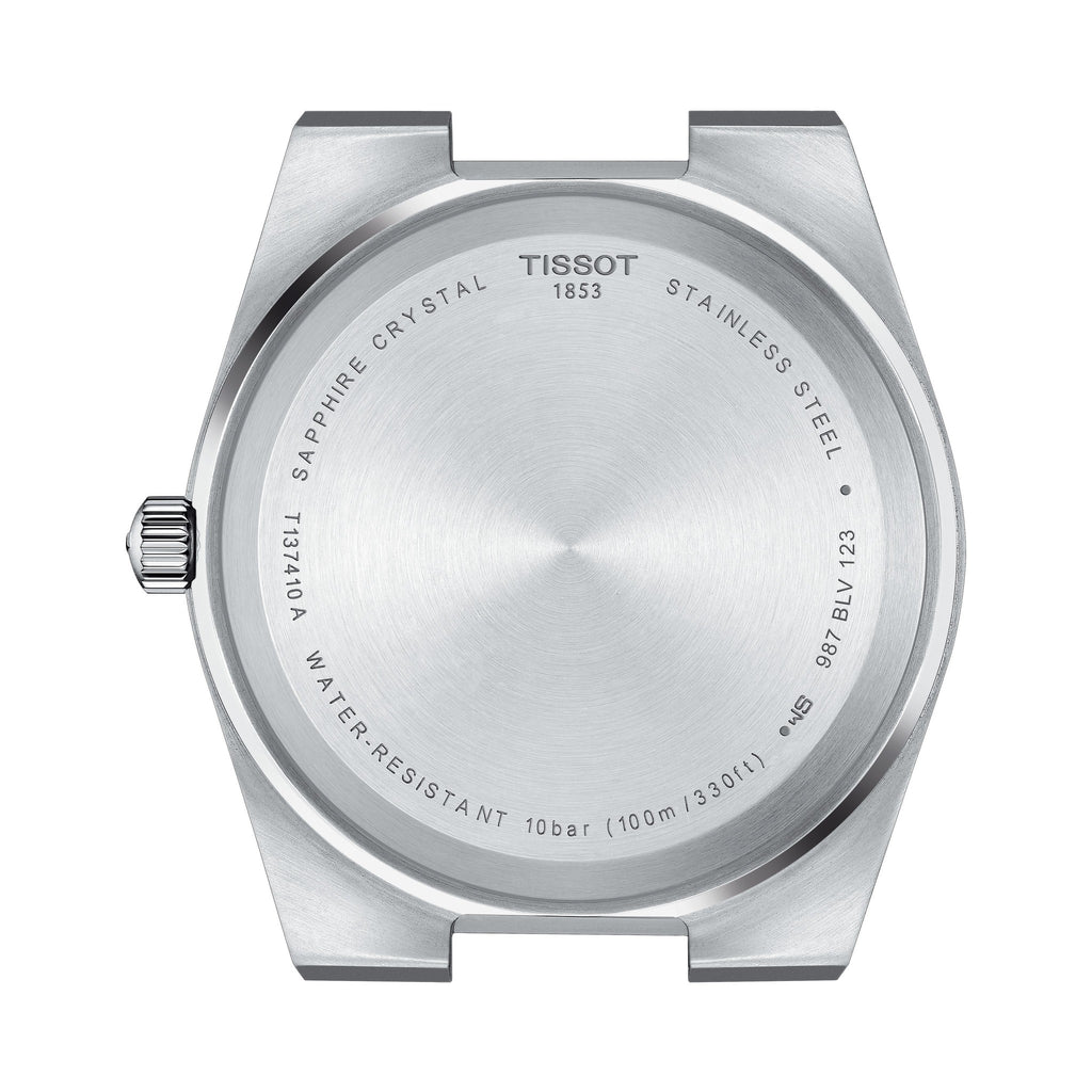 Tissot PRX watch caseback detail showing stainless steel, sapphire crystal, and water resistance rating.