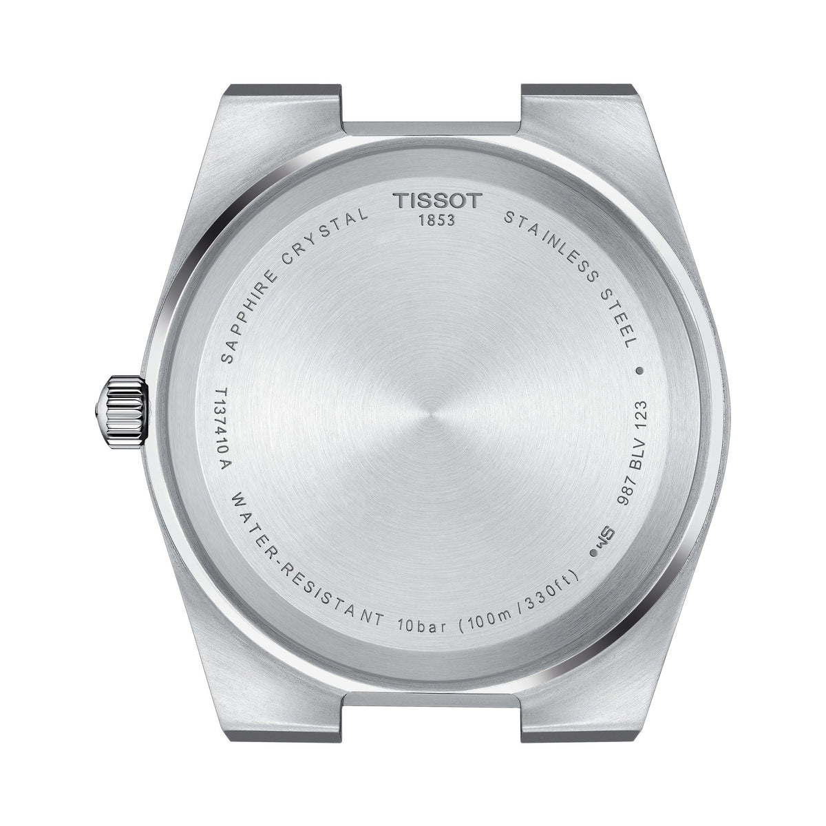 Tissot PRX watch caseback detail showing stainless steel, sapphire crystal, and water resistance rating.