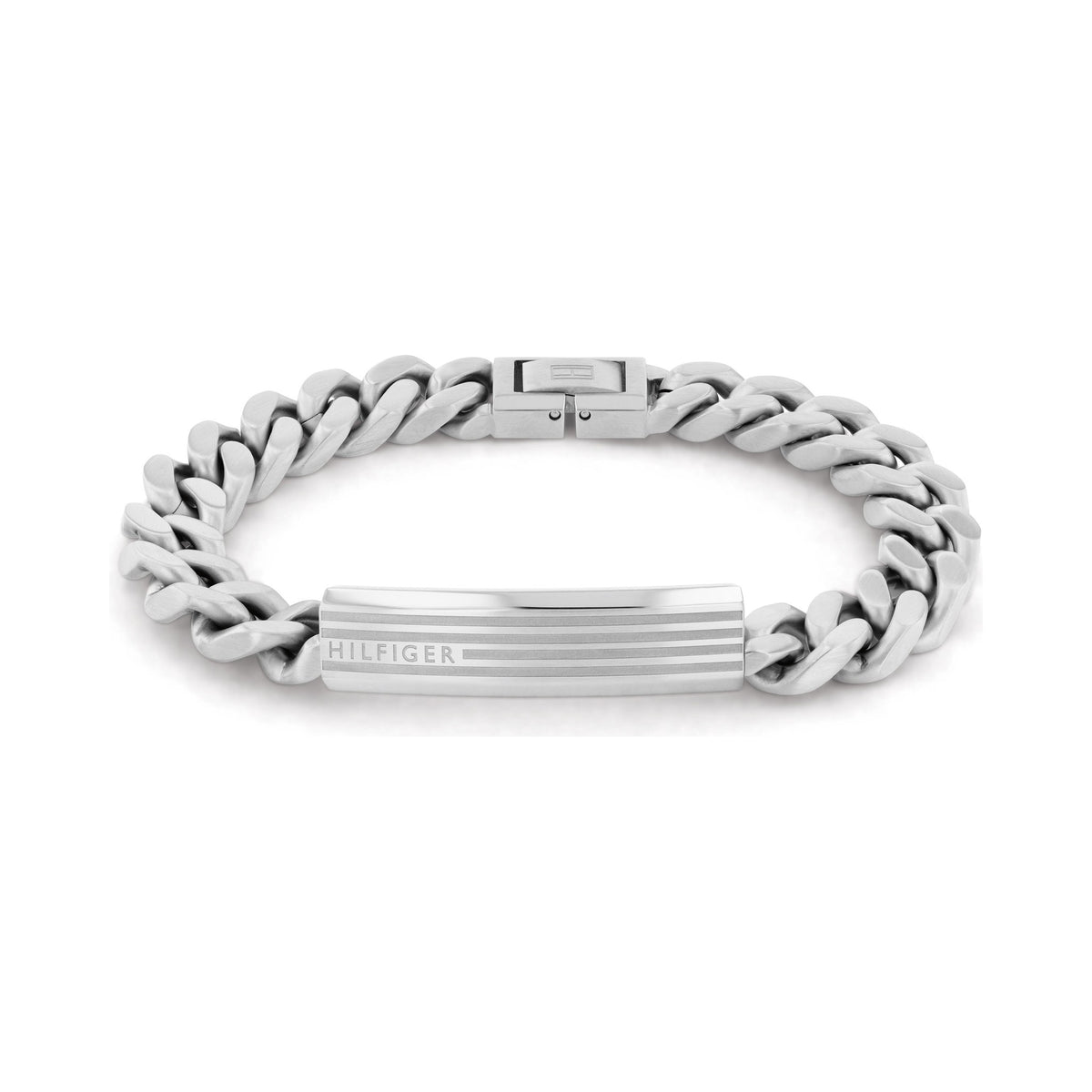 Tommy Hilfiger men's bracelet featuring gold logo ID plate and chain link design.