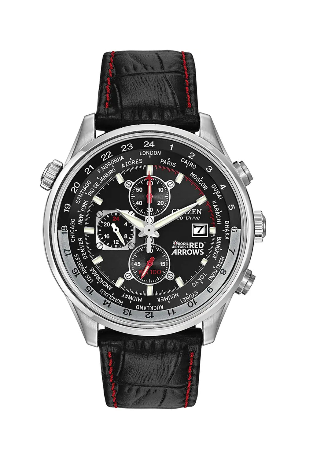 Citizen Red Arrows watch showcasing world time on black dial with leather strap and Eco-Drive technology.