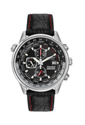 Citizen Red Arrows watch showcasing world time on black dial with leather strap and Eco-Drive technology.
