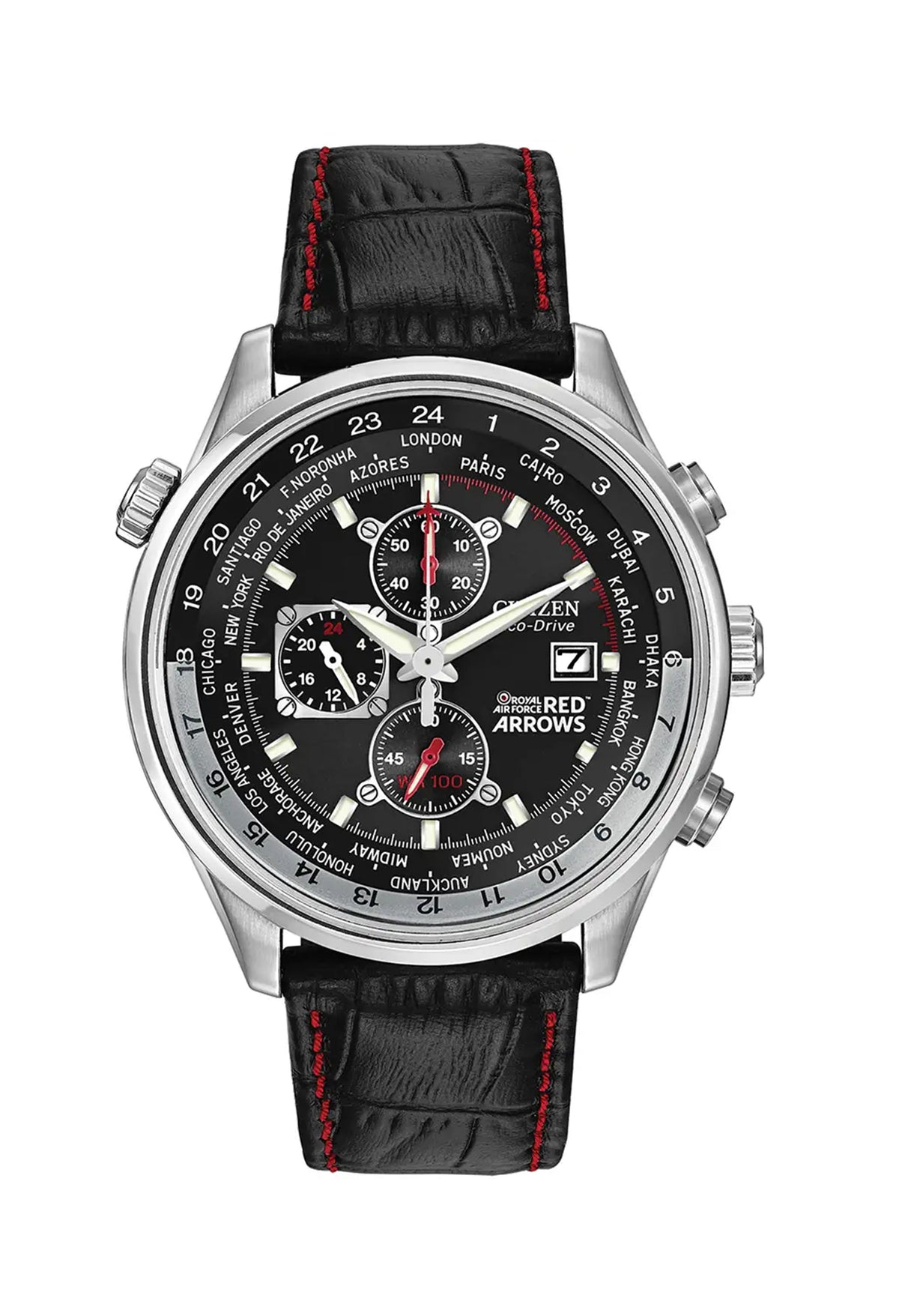 Citizen Red Arrows watch showcasing world time on black dial with leather strap and Eco-Drive technology.